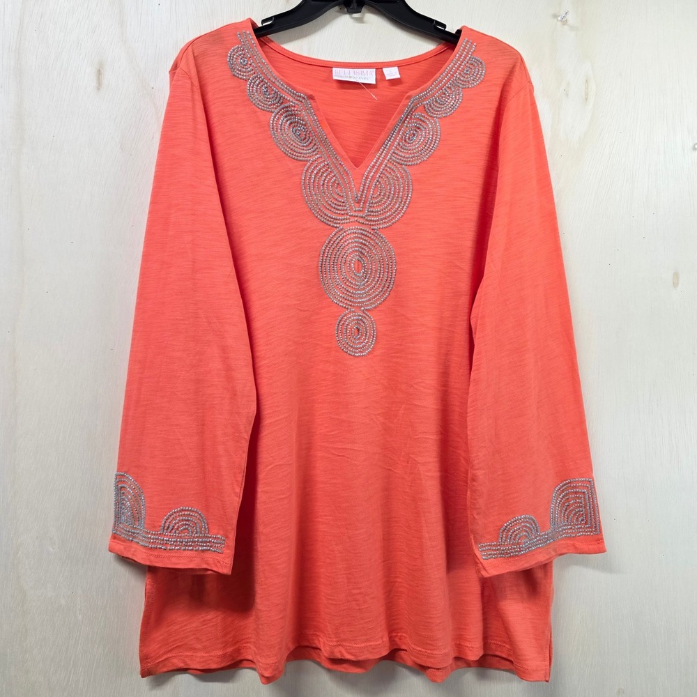 Bellisima Kim Gravel Coral Orange Beaded Tunic Top 3/4 Sleeve L Slub Knit